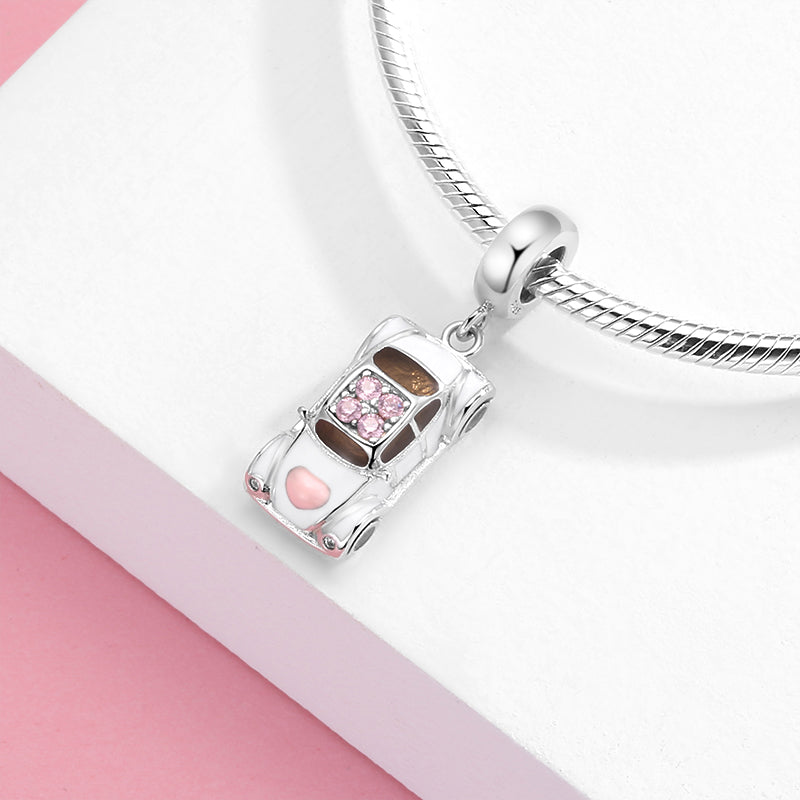 S925 Sterling Silver Car Dangle Charm Pink Rhinestone Creative Pendant Bead For DIY Bracelet Necklace Jewelry Gift