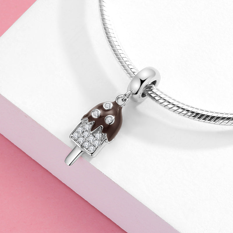 S925 Sterling Silver Ice Cream Dangle Charm Black Rhinestone Pendant Bead For DIY Bracelet Necklace Jewelry Gift