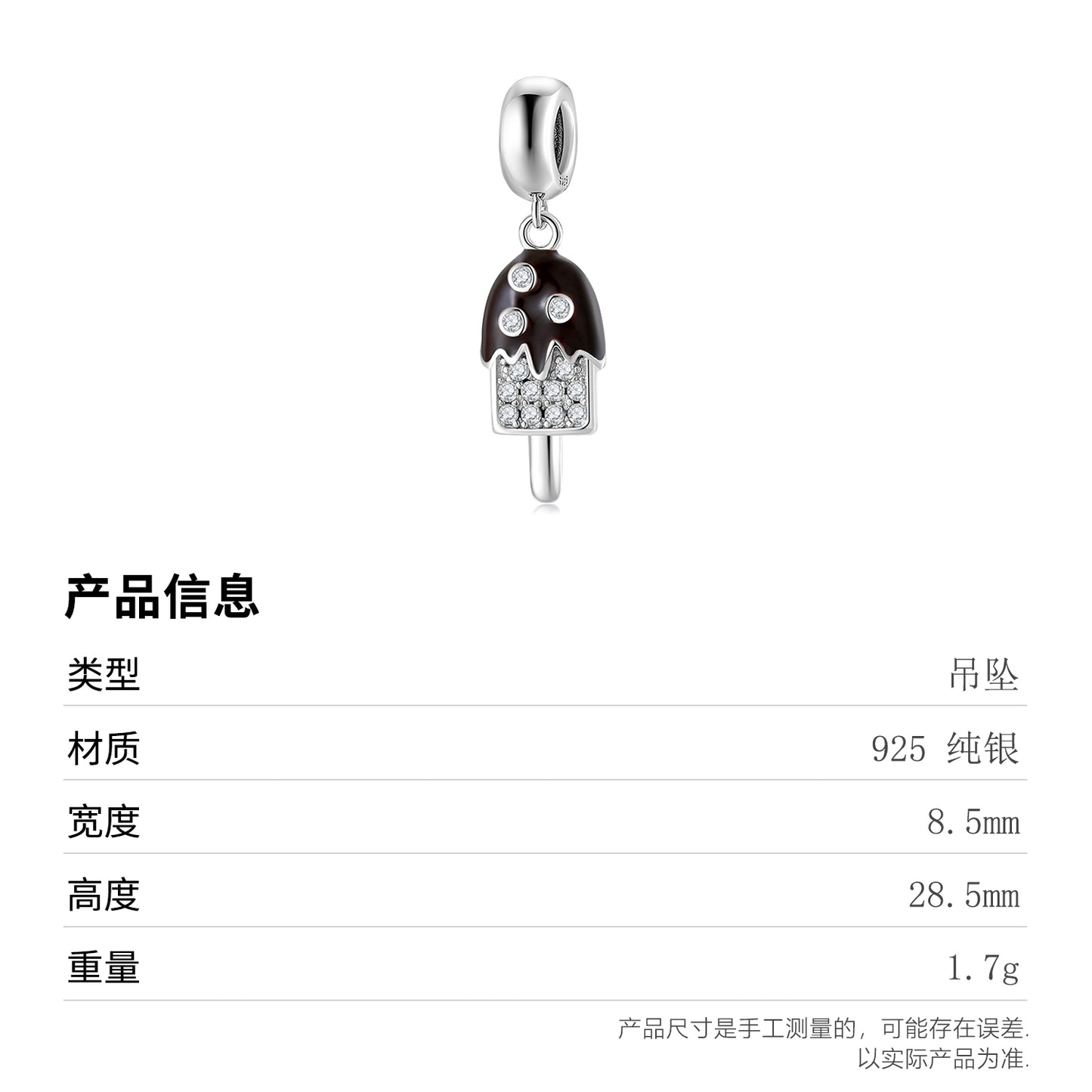 S925 Sterling Silver Ice Cream Dangle Charm Black Rhinestone Pendant Bead For DIY Bracelet Necklace Jewelry Gift