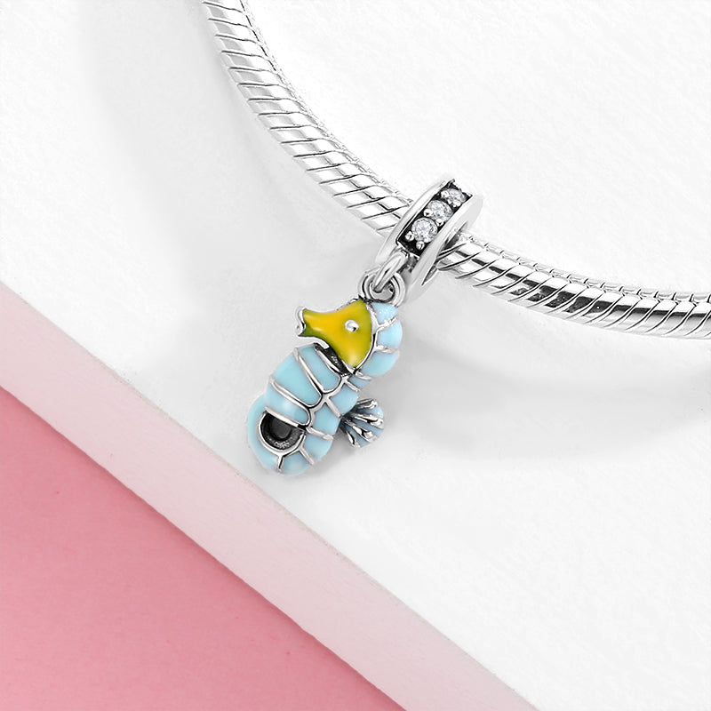 S925 Sterling Silver Seahorse Dangle Charm Resin Cute Ocean Pendant Bead For DIY Bracelet Necklace Jewelry Gift
