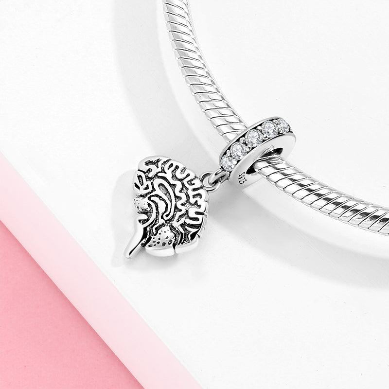 S925 Sterling Silver Brain Dangle Charm Rhinestone Pendant Bead For DIY Bracelet Necklace Jewelry Gift