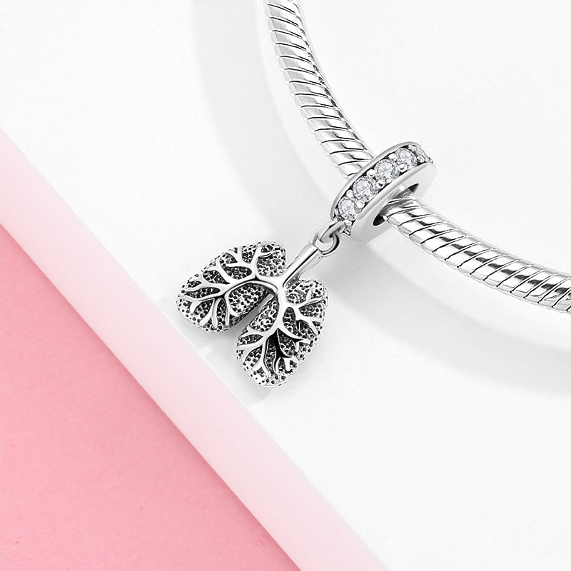 S925 Sterling Silver Oxidized Black Lung Dangle Charm Rhinestone Pendant Bead For DIY Bracelet Necklace Jewelry Gift