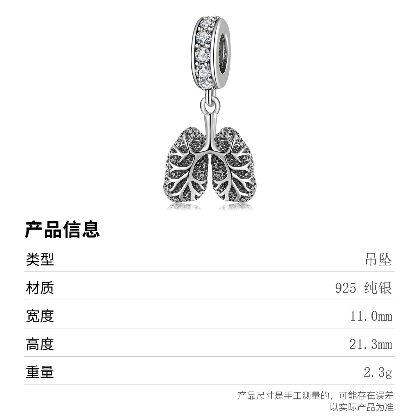 S925 Sterling Silver Oxidized Black Lung Dangle Charm Rhinestone Pendant Bead For DIY Bracelet Necklace Jewelry Gift