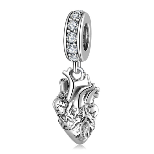 S925 Sterling Silver Anatomical Heart Dangle Charm Rhinestone Pendant Bead For DIY Bracelet Necklace Jewelry Gift