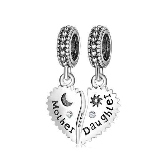 S925 Sterling Silver Mother-Daughter Heart Dangle Charm Minimalist Pendant Bead For DIY Bracelet Necklace Jewelry Gift