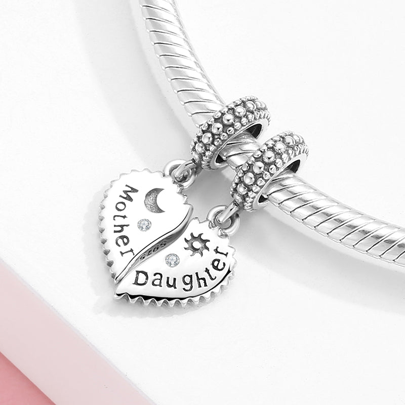 S925 Sterling Silver Mother-Daughter Heart Dangle Charm Minimalist Pendant Bead For DIY Bracelet Necklace Jewelry Gift
