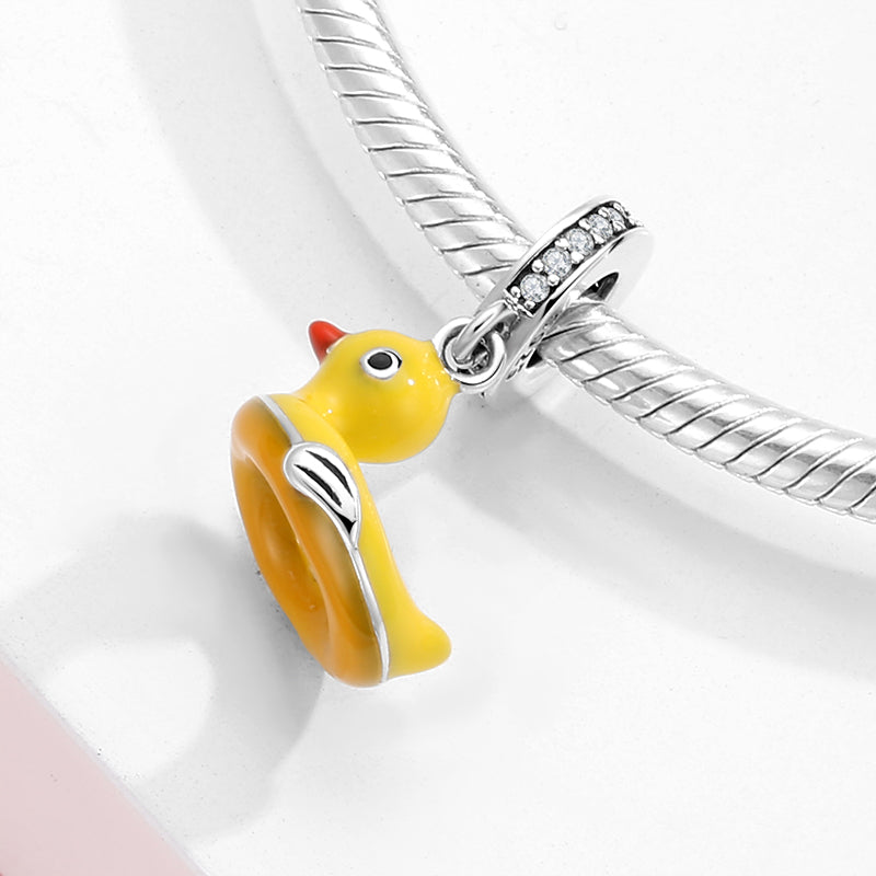 S925 Sterling Silver Colorful Enamel Duck Swim Ring Dangle Charm, Cute Summer Animal Bead For DIY Bracelet Necklace, Pandora Compatible Jewelry Accessory Gift