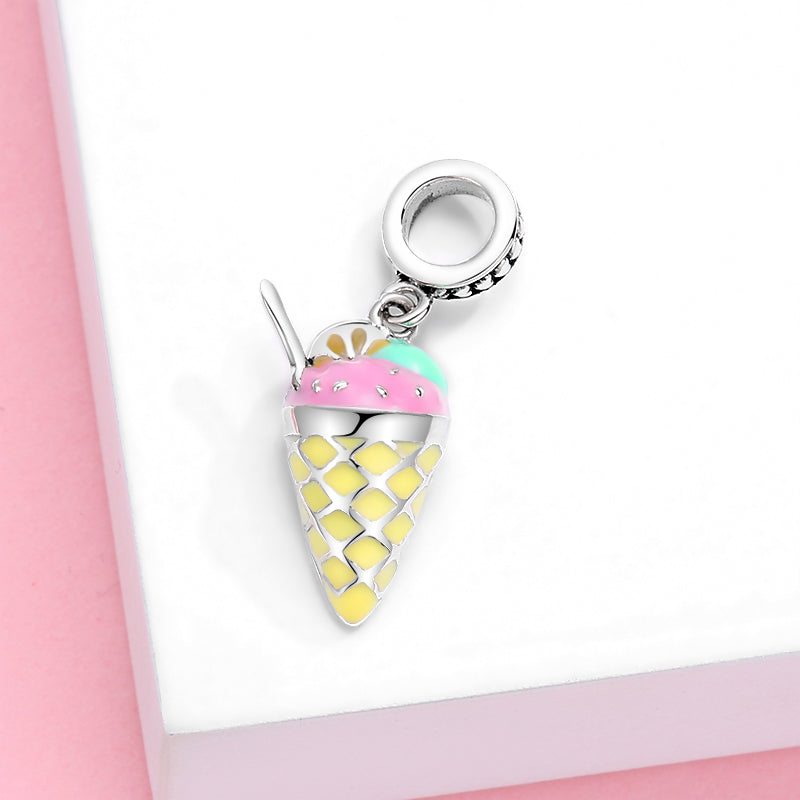 S925 Sterling Silver Ice Cream Dangle Charm Enamel Summer Pendant Bead For DIY Bracelet Necklace Jewelry Gift