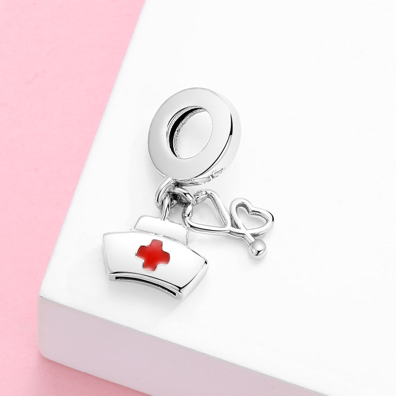 S925 Sterling Silver Nurse Hat Stethoscope Dangle Charm Pendant Bead For DIY Bracelet Necklace Jewelry Gift