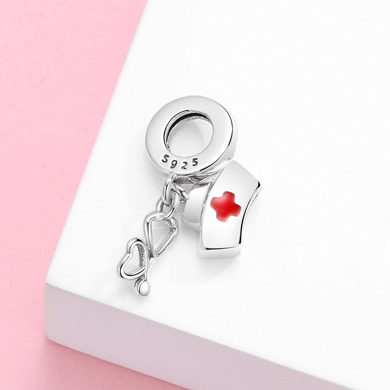 S925 Sterling Silver Nurse Hat Stethoscope Dangle Charm Pendant Bead For DIY Bracelet Necklace Jewelry Gift