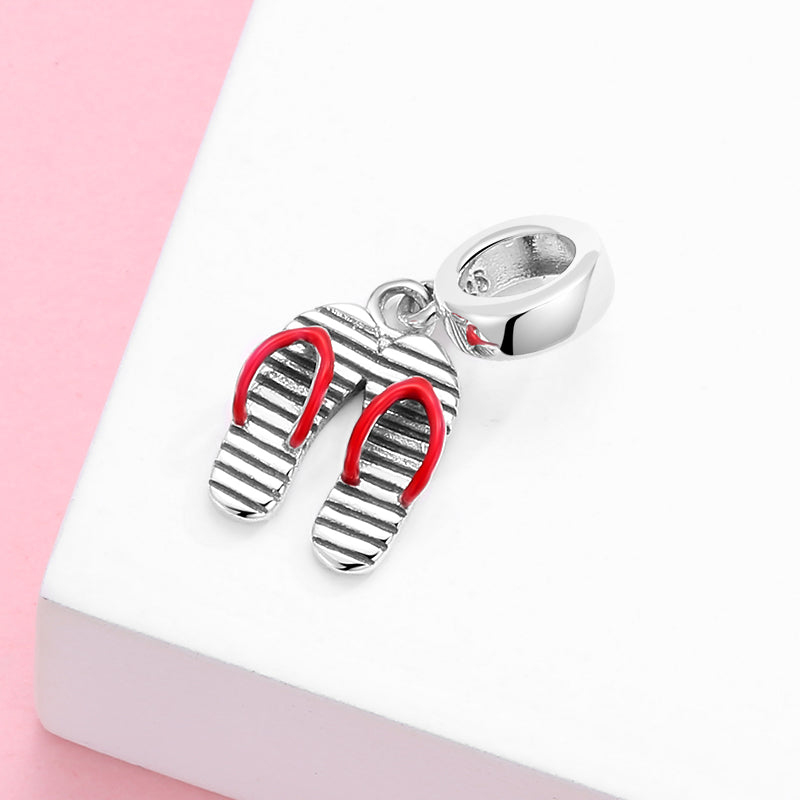 S925 Sterling Silver Flip Flop Dangle Charm Red Stripe Creative Pendant Bead For DIY Bracelet Necklace Jewelry Gift