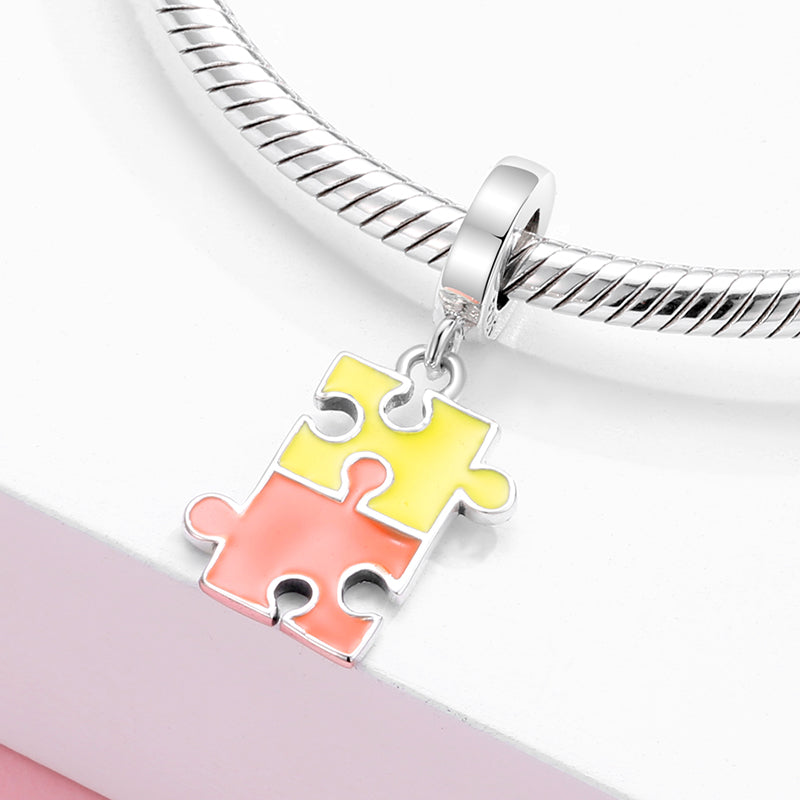 S925 Sterling Silver Puzzle Dangle Charm Couple Style Color Enamel Pendant Bead For DIY Bracelet Necklace Jewelry Gift