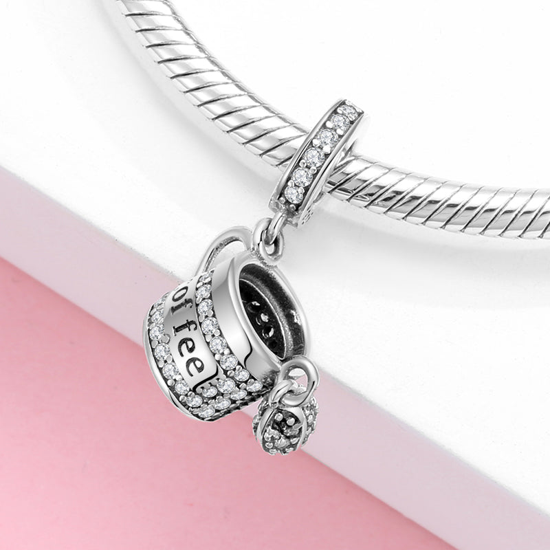 Coffee Pot Dangle Charm 925 Sterling Silver Sparkling Coffee Maker Pendant Bead For DIY Charm Bracelet Necklace Vintage Kitchen Jewelry Gift