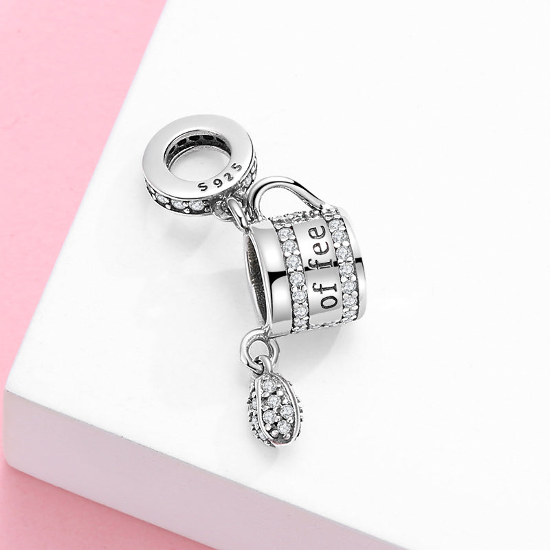 Coffee Pot Dangle Charm 925 Sterling Silver Sparkling Coffee Maker Pendant Bead For DIY Charm Bracelet Necklace Vintage Kitchen Jewelry Gift