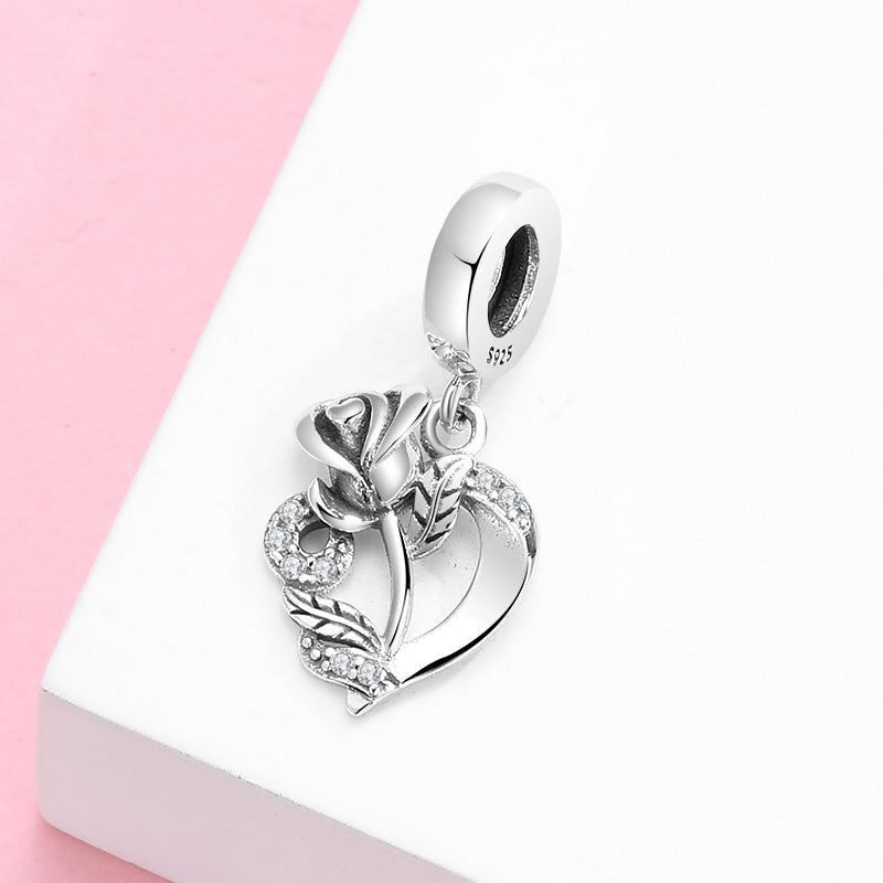 Rose Heart Dangle Charm 925 Sterling Silver Sparkling Rose Love Pendant Bead For DIY Charm Bracelet Necklace Romantic Jewelry Gift