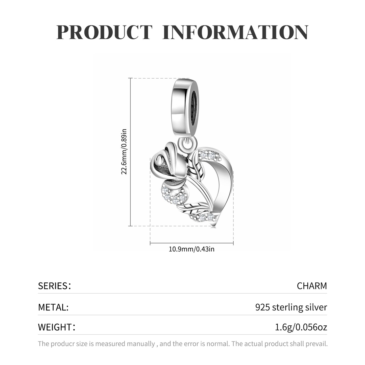 Rose Heart Dangle Charm 925 Sterling Silver Sparkling Rose Love Pendant Bead For DIY Charm Bracelet Necklace Romantic Jewelry Gift
