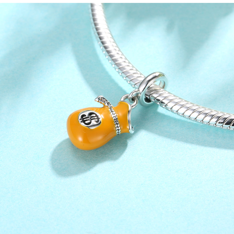 S925 Sterling Silver Dollar Money Bag Dangle Charm, Blue Enamel Lucky Wealth Bead For DIY Bracelet Necklace, Pandora Compatible Jewelry Accessory Gift