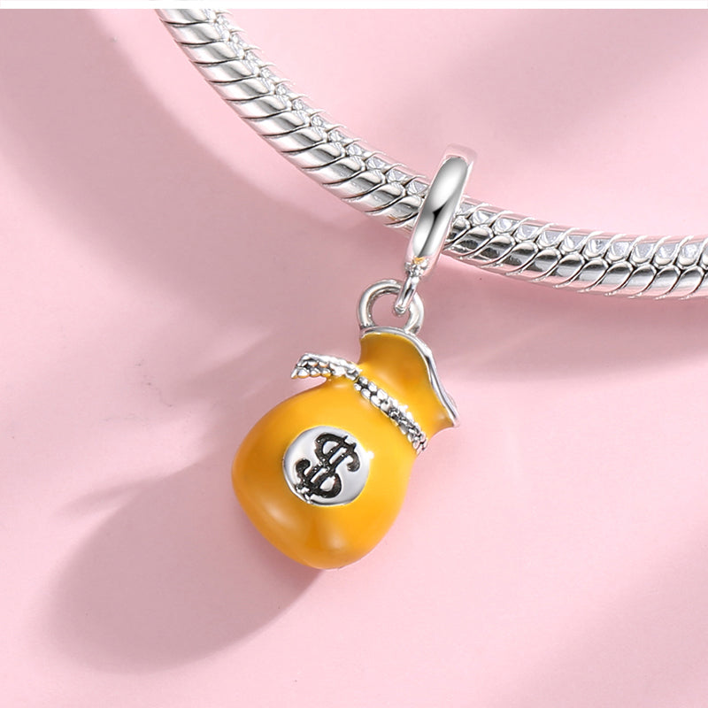 S925 Sterling Silver Dollar Money Bag Dangle Charm, Blue Enamel Lucky Wealth Bead For DIY Bracelet Necklace, Pandora Compatible Jewelry Accessory Gift