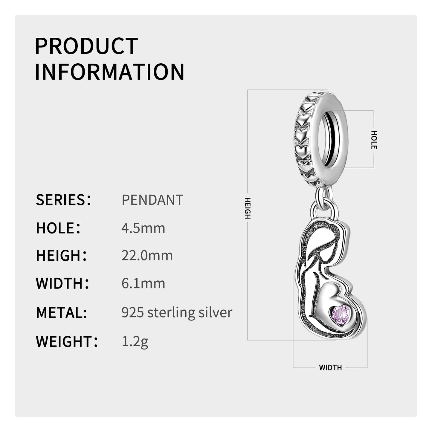 Original Mother’s Day S925 Sterling Silver Heart Pendant With Zircon, DIY Bracelet Gift