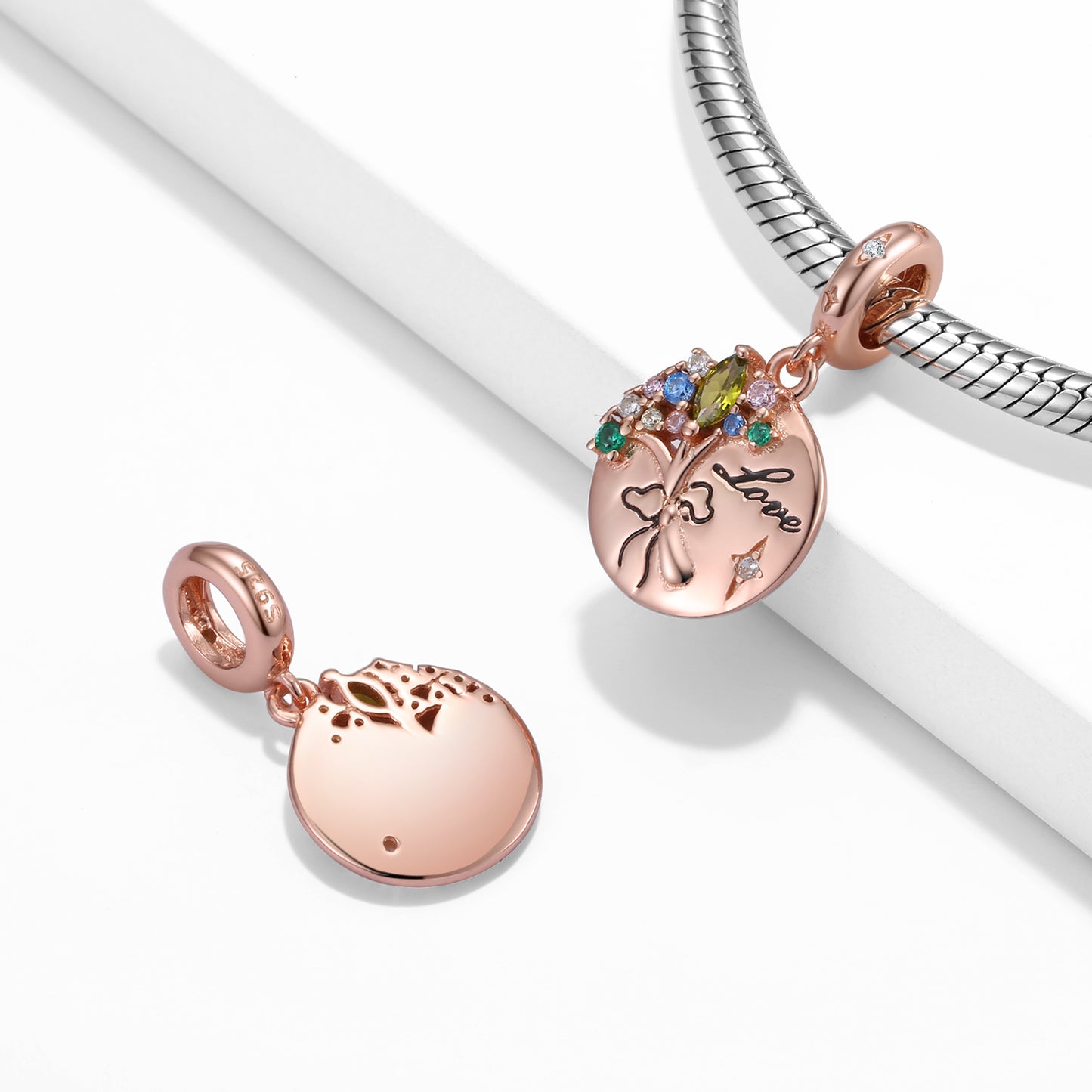 S925 Sterling Silver Rose Gold Flower Bouquet Dangle Charm Valentine's Day Pendant Bead For DIY Charm Bracelet Necklace Jewelry Gift