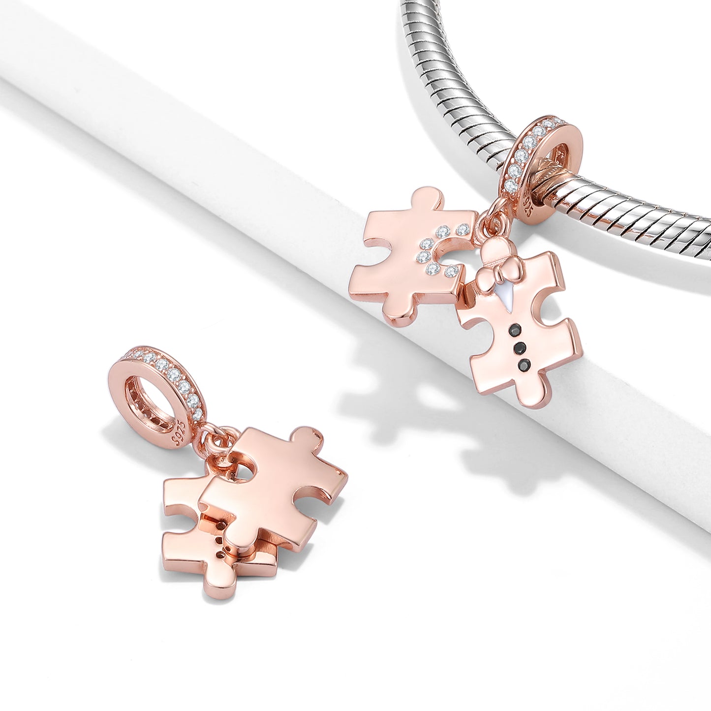 S925 Sterling Silver Rose Gold Puzzle Dangle Charm Valentine's Day Love Pendant Bead For DIY Charm Bracelet Necklace Jewelry Gift