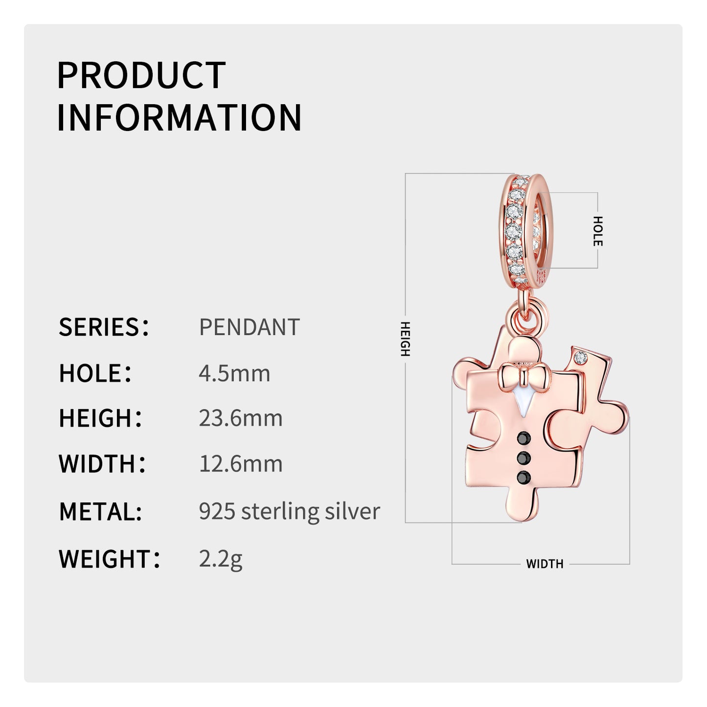 S925 Sterling Silver Rose Gold Puzzle Dangle Charm Valentine's Day Love Pendant Bead For DIY Charm Bracelet Necklace Jewelry Gift