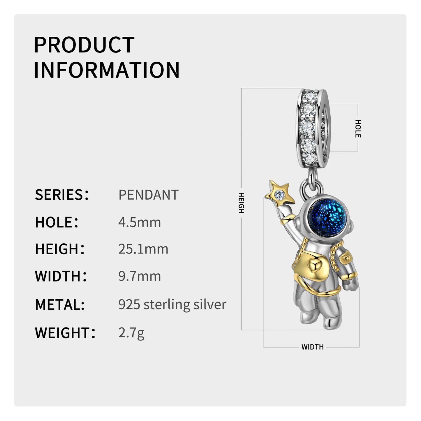 S925 Sterling Silver Stargazer Astronaut Dangle Charm Space Pendant Bead For DIY Charm Bracelet Necklace Jewelry Gift