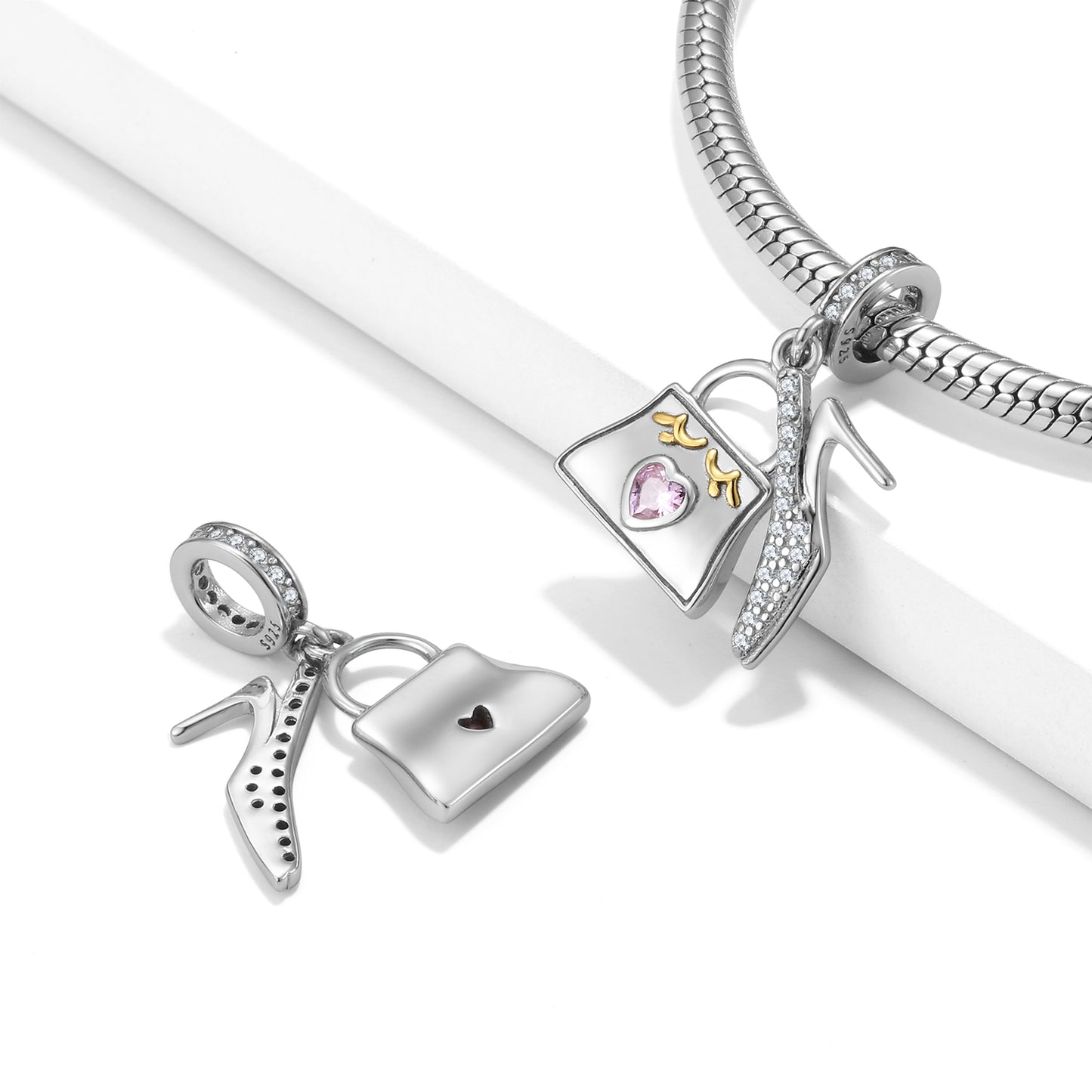 S925 Sterling Silver Crystal Shoe Handbag Dangle Charm Elegant Fashion Pendant Bead For DIY Charm Bracelet Necklace Jewelry Gift