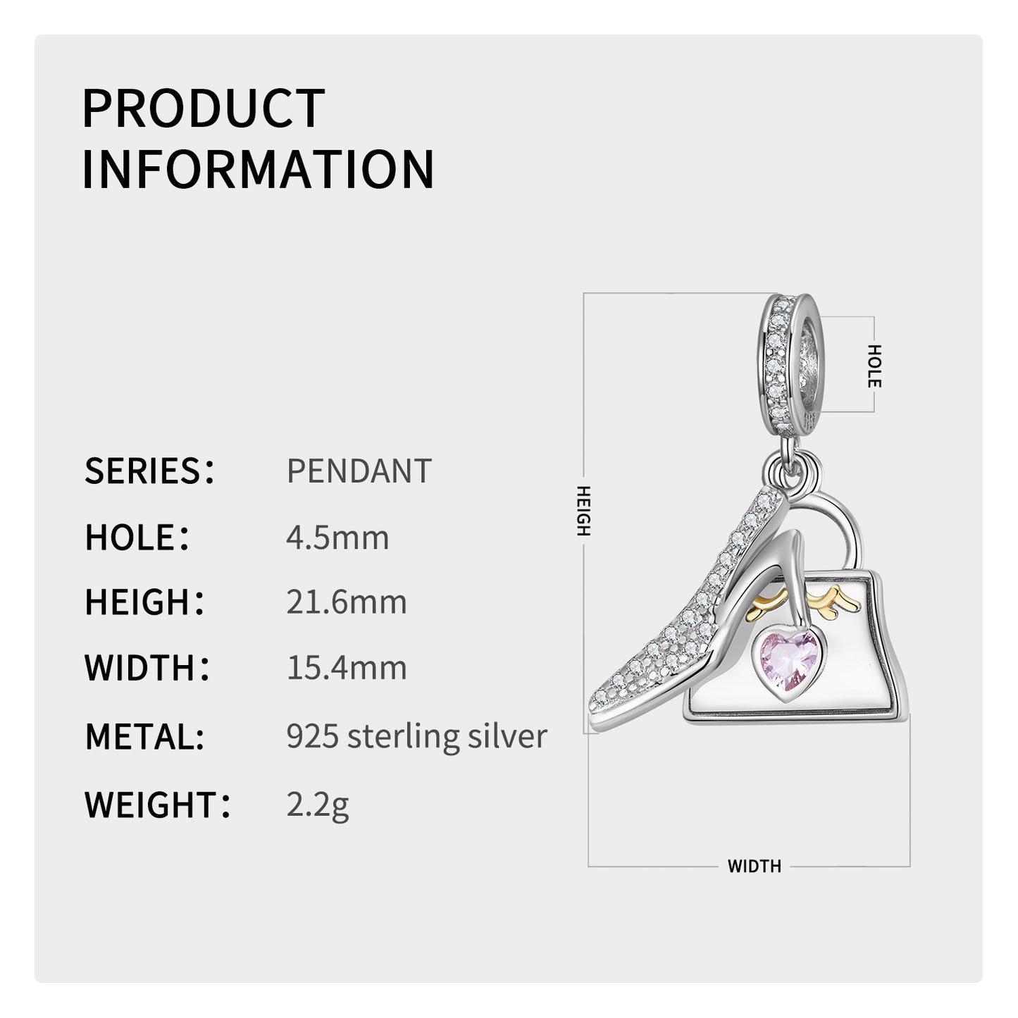 S925 Sterling Silver Crystal Shoe Handbag Dangle Charm Elegant Fashion Pendant Bead For DIY Charm Bracelet Necklace Jewelry Gift