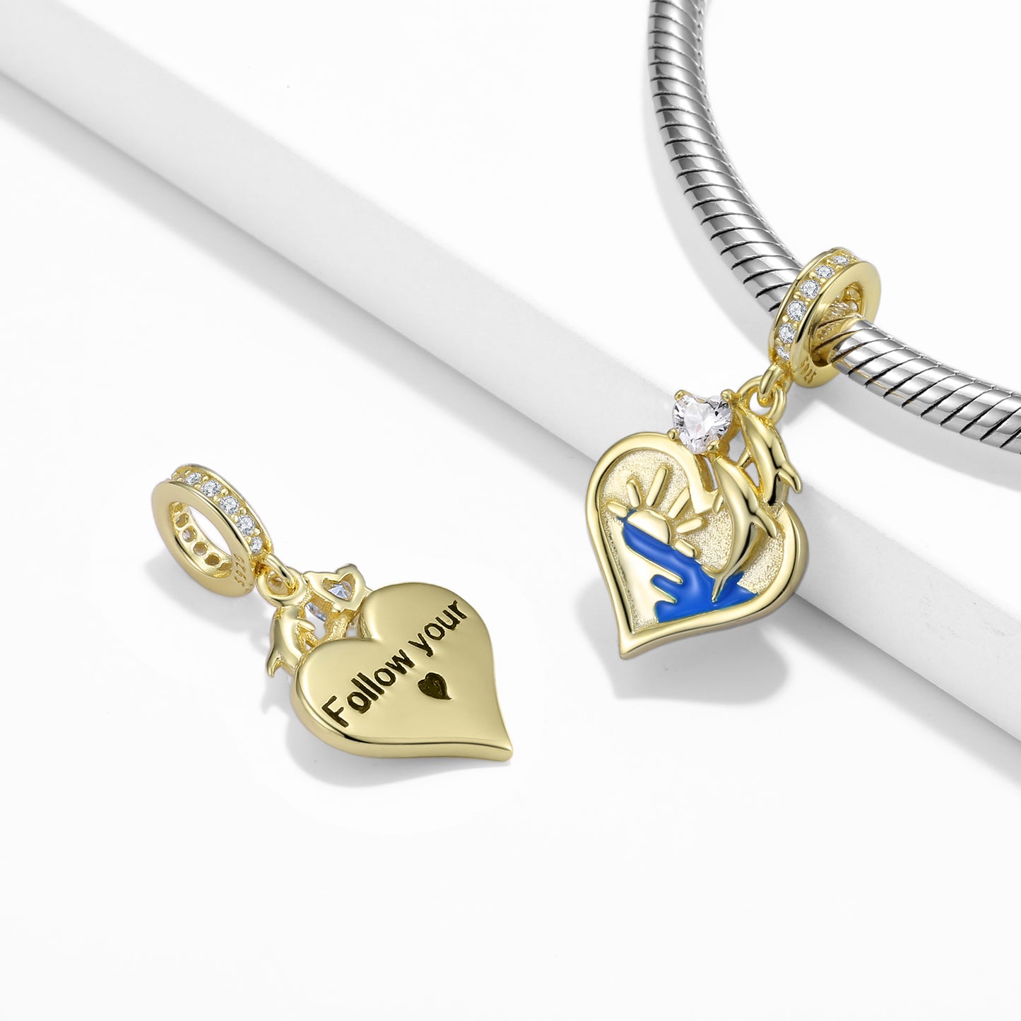 S925 Sterling Silver Dolphin Love Dangle Charm Romantic Ocean Pendant Bead For DIY Charm Bracelet Necklace Jewelry Gift