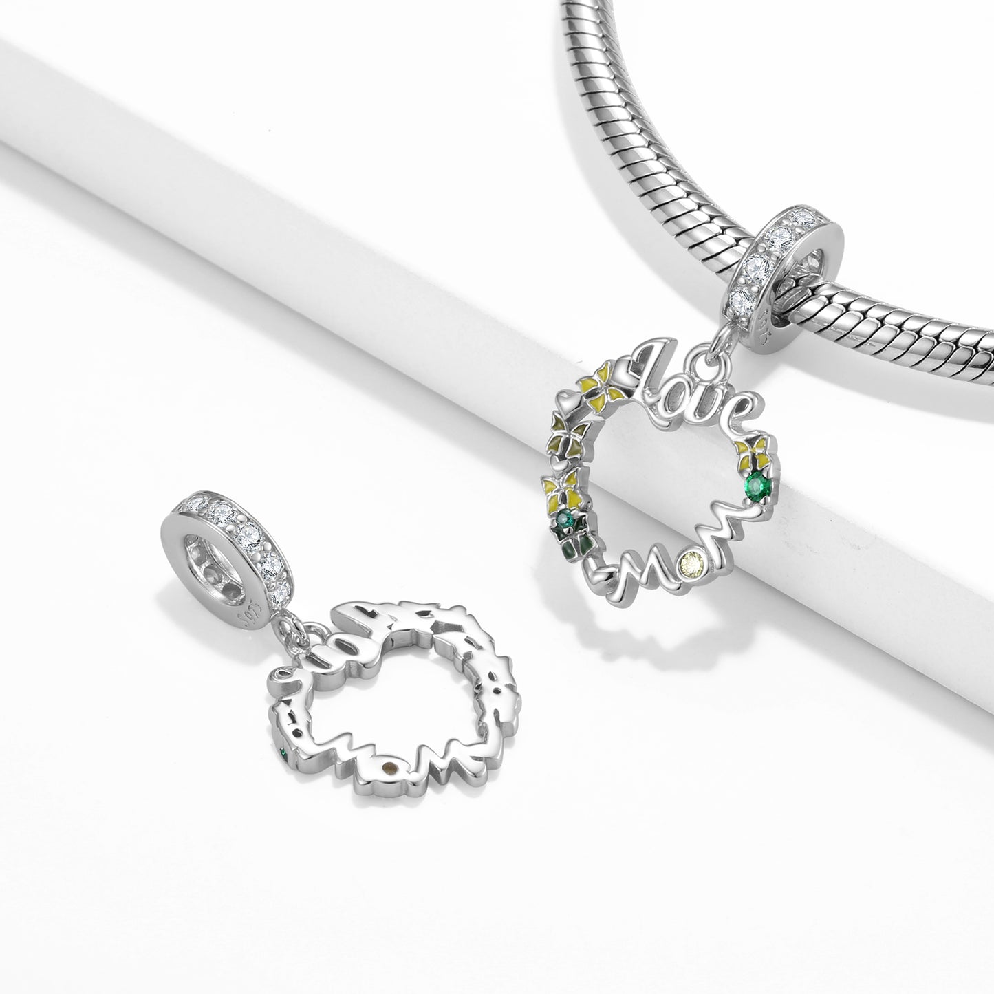 S925 Sterling Silver LOVE Mom Wreath Dangle Charm Mother's Day Pendant Bead For DIY Charm Bracelet Necklace Jewelry Gift