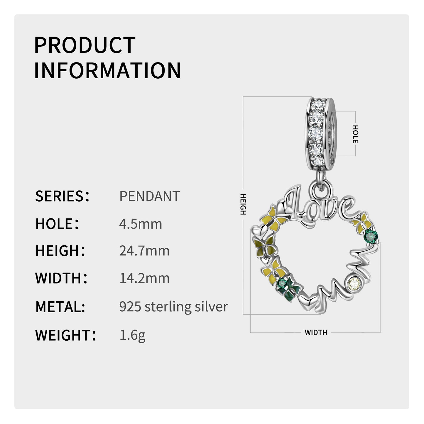 S925 Sterling Silver LOVE Mom Wreath Dangle Charm Mother's Day Pendant Bead For DIY Charm Bracelet Necklace Jewelry Gift