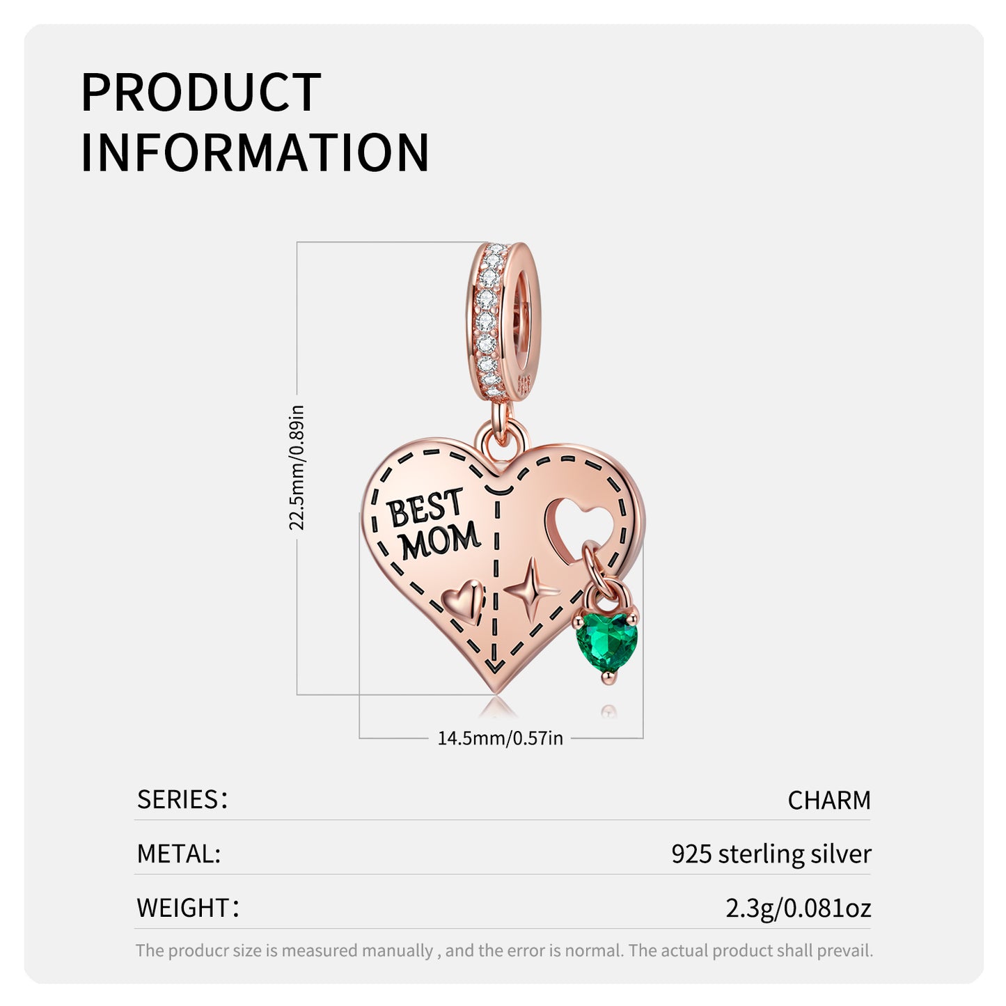 S925 Sterling Silver Rose Gold Heart Dangle Charm Mother's Day Love Pendant Bead For DIY Charm Bracelet Necklace Jewelry Gift