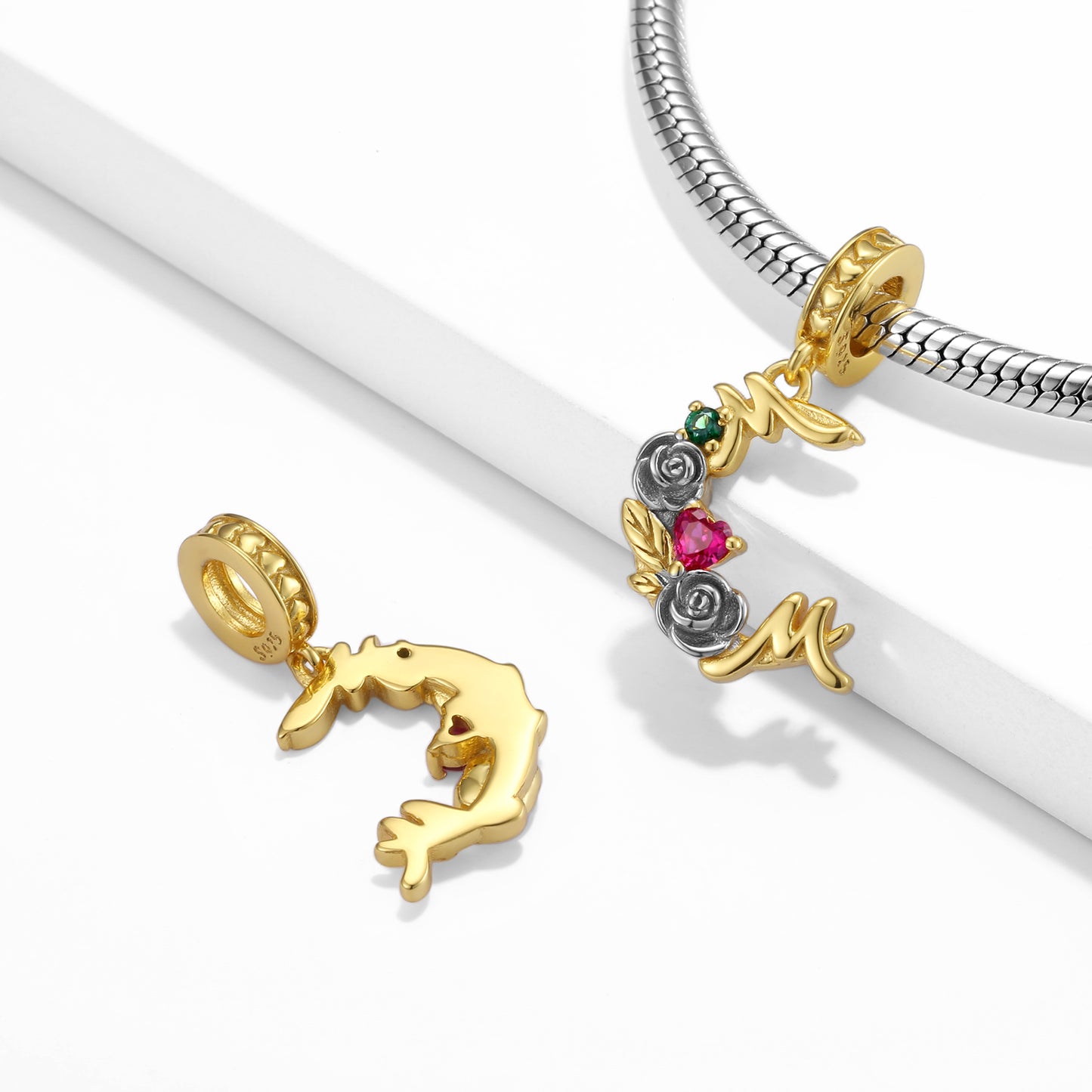 S925 Sterling Silver Gold Plated Floral Moon Dangle Charm Mother's Day Pendant Bead For DIY Charm Bracelet Necklace Jewelry Gift