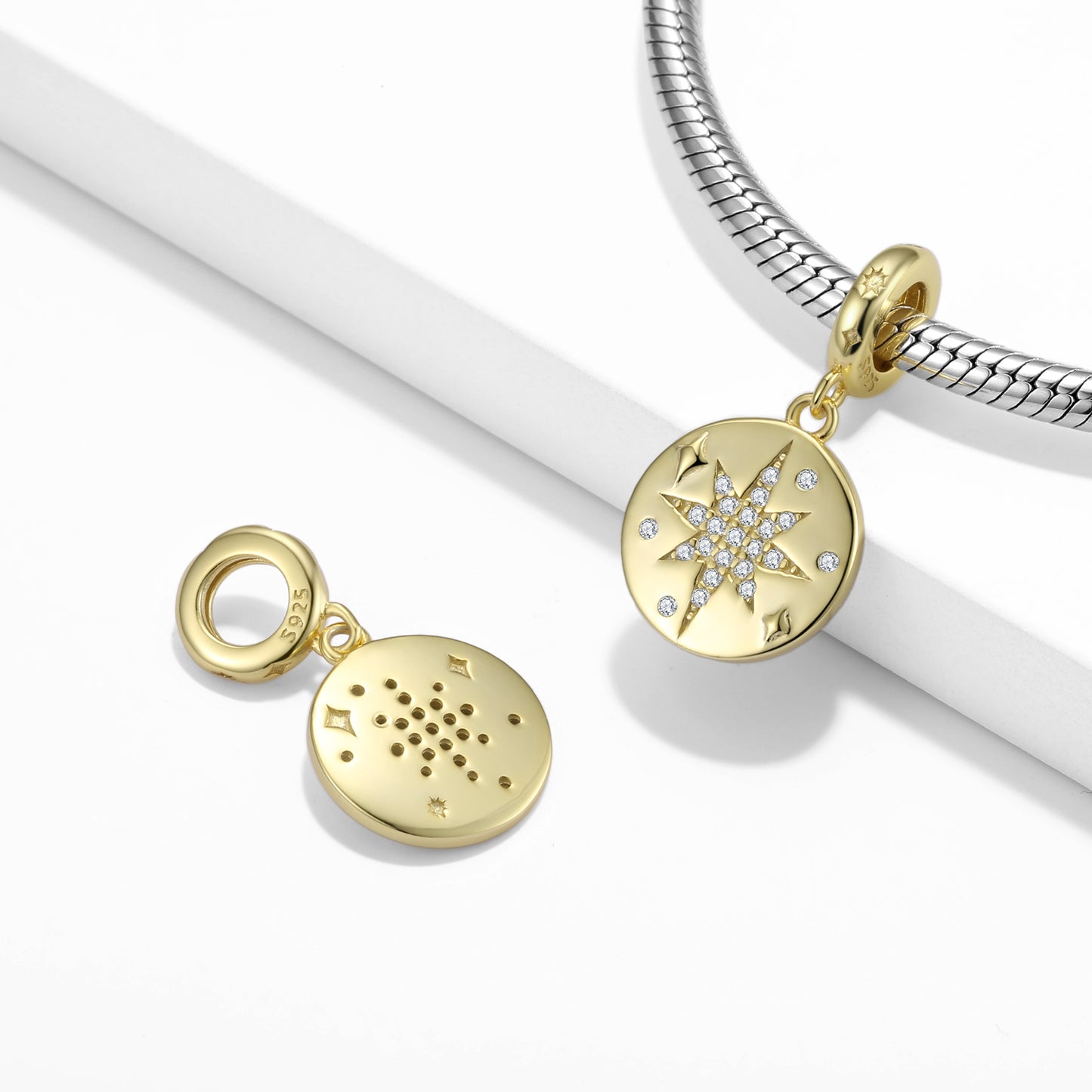 S925 Sterling Silver Gold Plated Eight Point Star Dangle Charm Celestial Pendant Bead For DIY Charm Bracelet Necklace Jewelry Gift