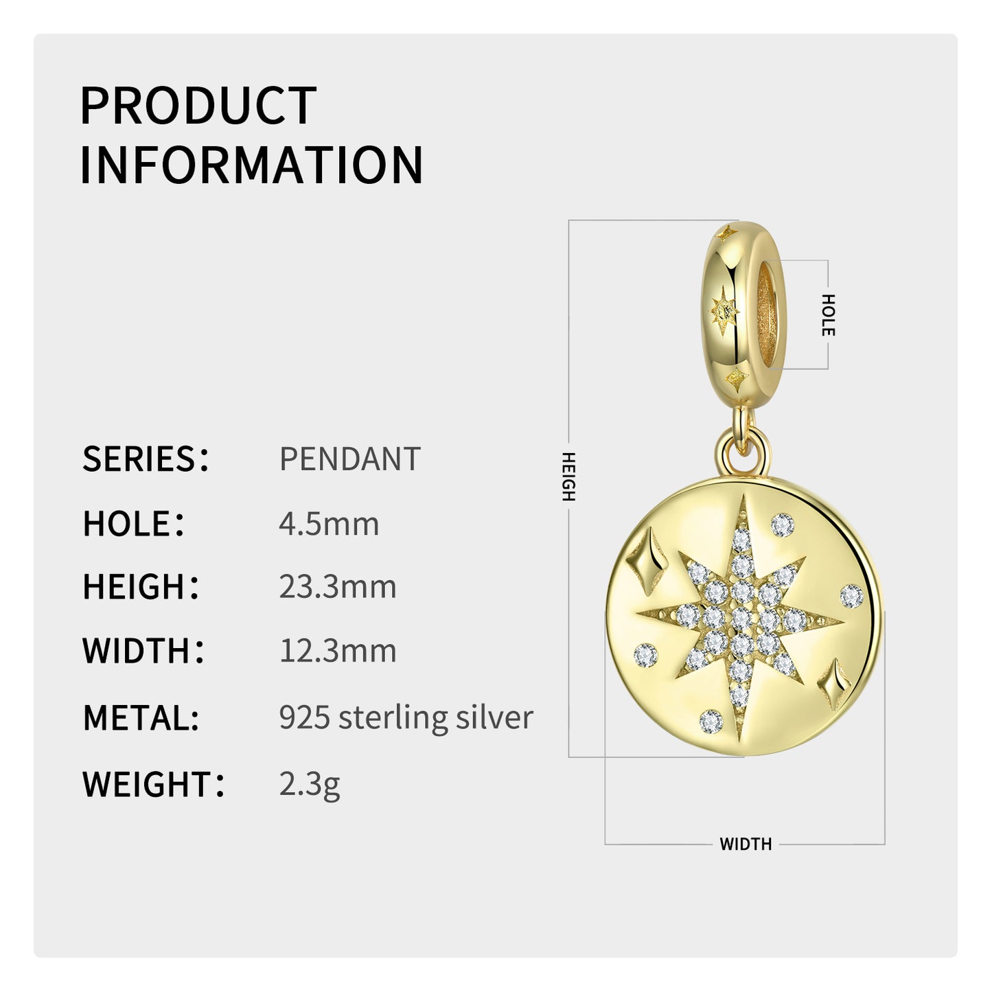 S925 Sterling Silver Gold Plated Eight Point Star Dangle Charm Celestial Pendant Bead For DIY Charm Bracelet Necklace Jewelry Gift