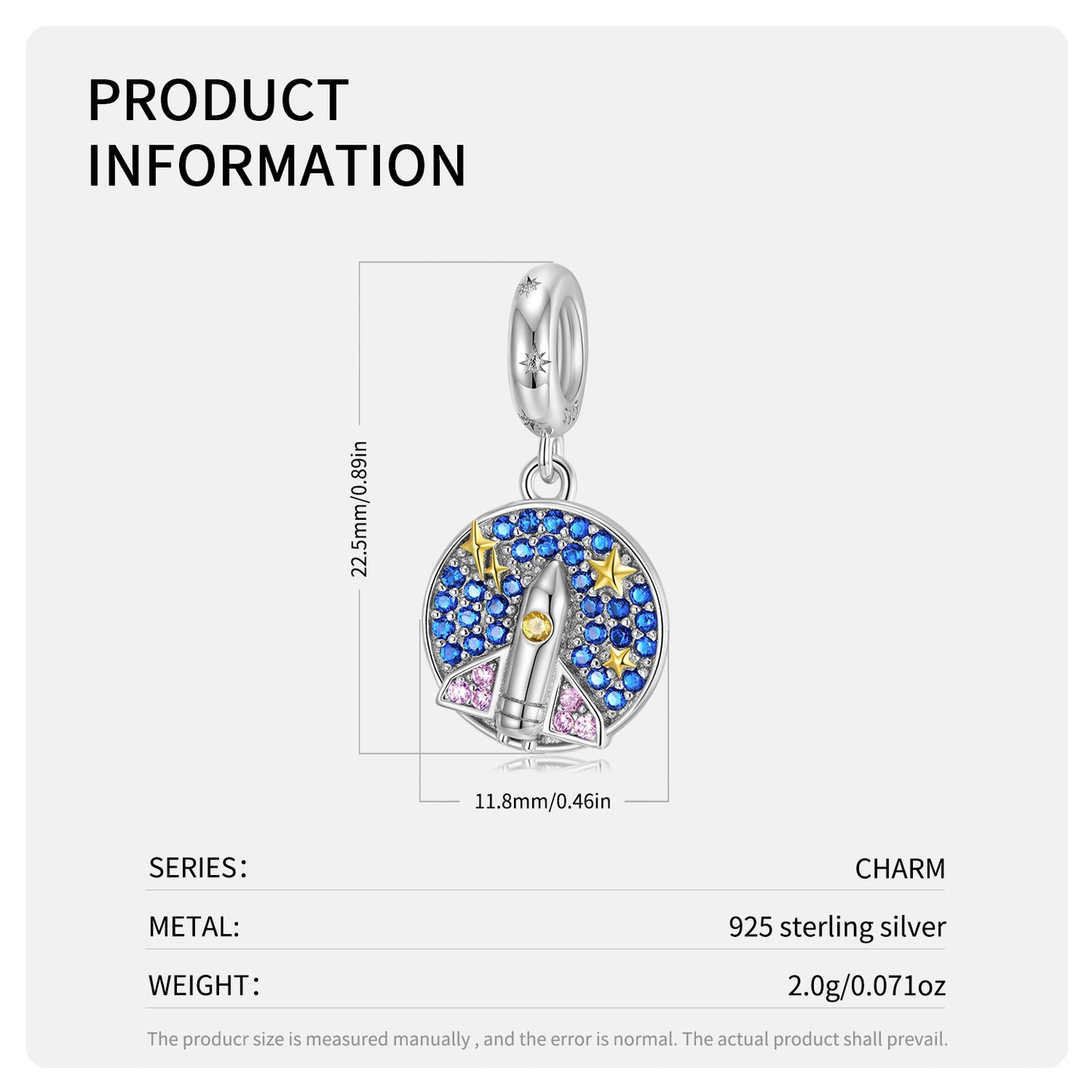 S925 Sterling Silver Rocket Medallion Dangle Charm Space Pendant Bead For DIY Charm Bracelet Necklace Jewelry Gift