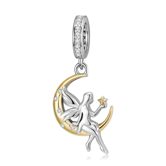 S925 Sterling Silver Moon Fairy Dangle Charm Celestial Pendant Bead For DIY Charm Bracelet Necklace Jewelry Gift