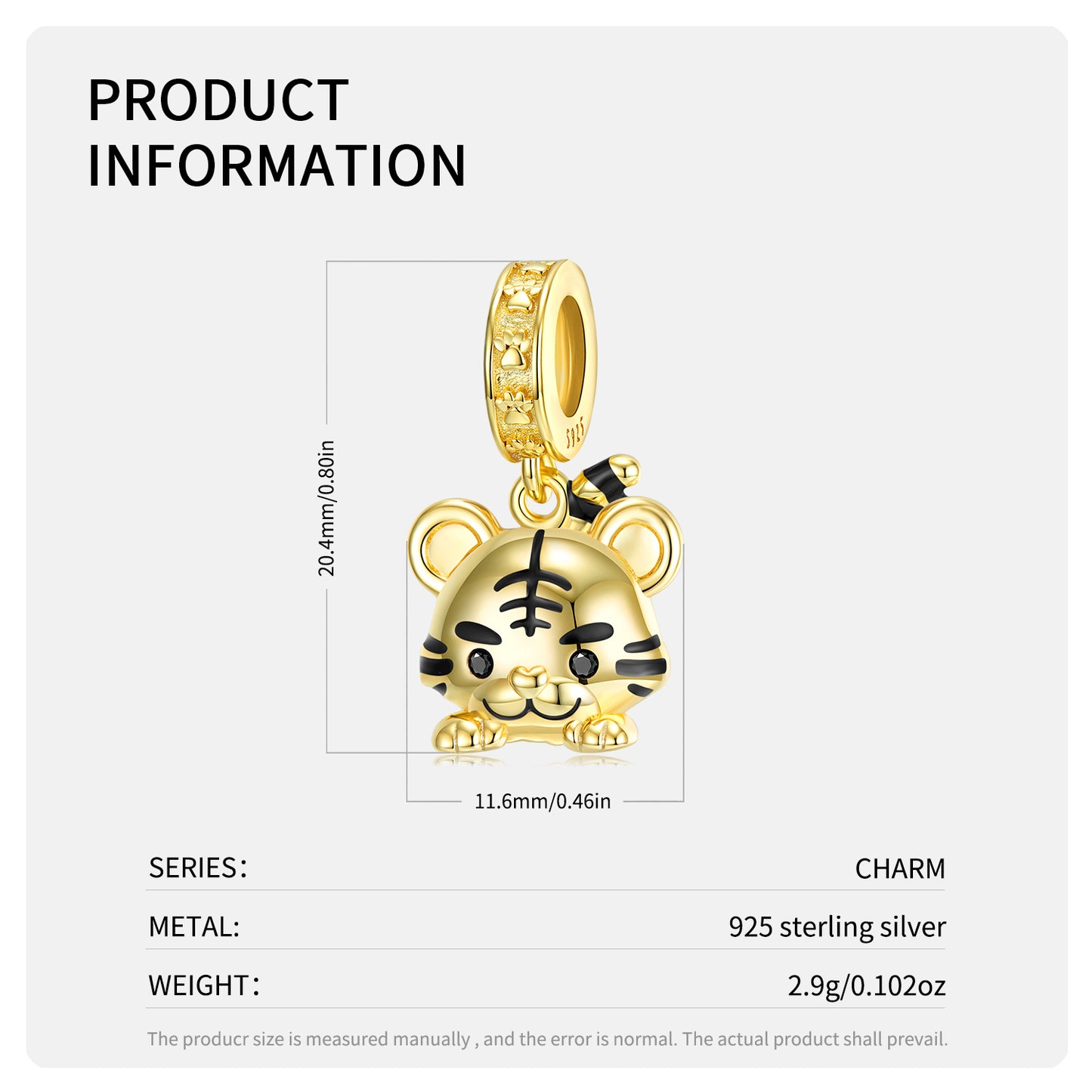 S925 Sterling Silver Golden Tiger Dangle Charm Zodiac Animal Pendant Bead For DIY Charm Bracelet Necklace Jewelry Gift