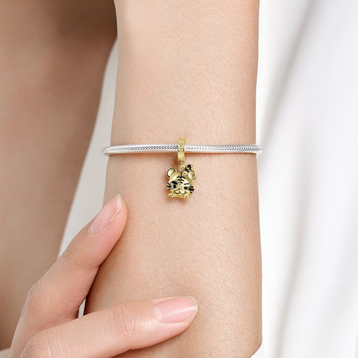S925 Sterling Silver Golden Tiger Dangle Charm Zodiac Animal Pendant Bead For DIY Charm Bracelet Necklace Jewelry Gift