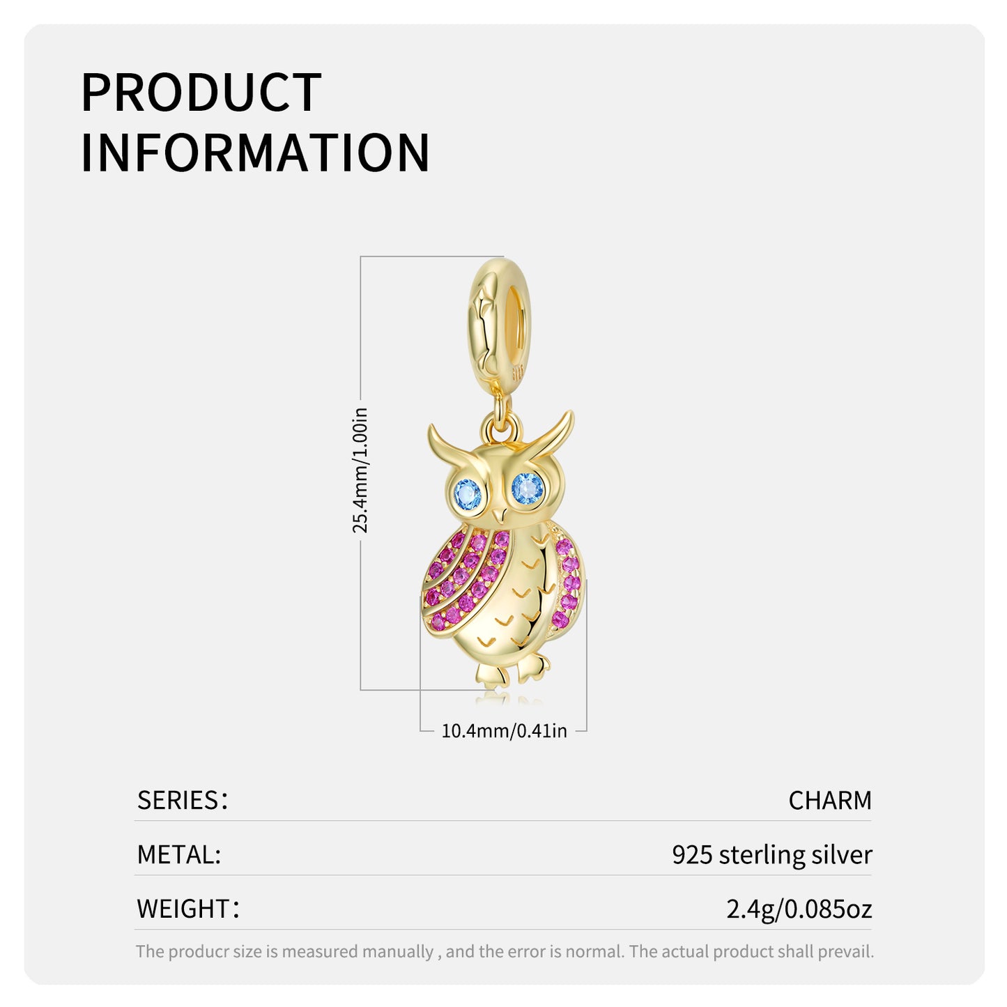 S925 Sterling Silver 14K Gold Plated Owl Dangle Charm Bird Pendant Bead For DIY Charm Bracelet Necklace Jewelry Gift