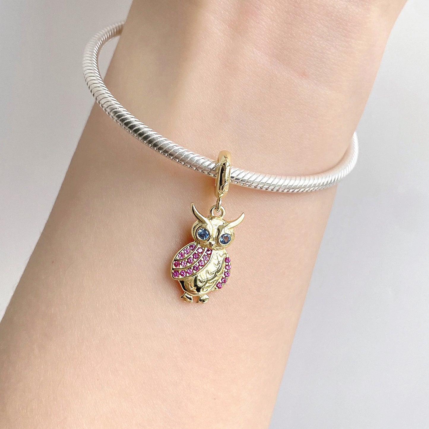 S925 Sterling Silver 14K Gold Plated Owl Dangle Charm Bird Pendant Bead For DIY Charm Bracelet Necklace Jewelry Gift