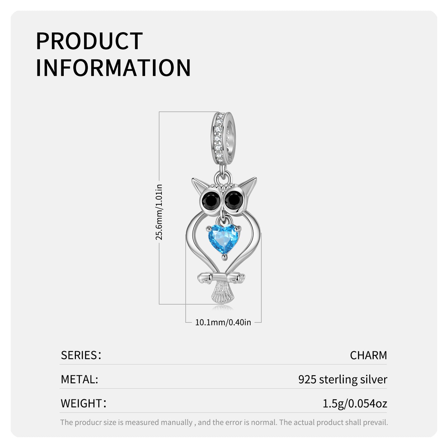 S925 Sterling Silver Blue Heart Owl Dangle Charm Bird Pendant Bead For DIY Charm Bracelet Necklace Jewelry Gift
