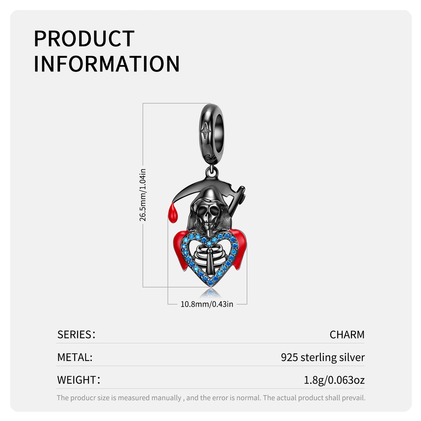 S925 Sterling Silver Grim Reaper Scythe Skull Dangle Charm Gothic Pendant Bead For DIY Charm Bracelet Necklace Jewelry Gift