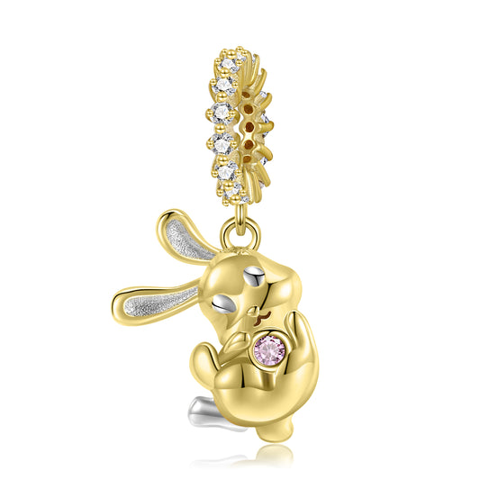 S925 Sterling Silver 14K Gold Plated Rabbit Dangle Charm Forest Animal Pendant Bead For DIY Charm Bracelet Necklace Jewelry Gift