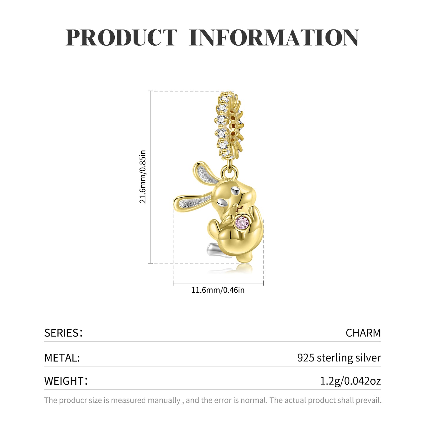 S925 Sterling Silver 14K Gold Plated Rabbit Dangle Charm Forest Animal Pendant Bead For DIY Charm Bracelet Necklace Jewelry Gift