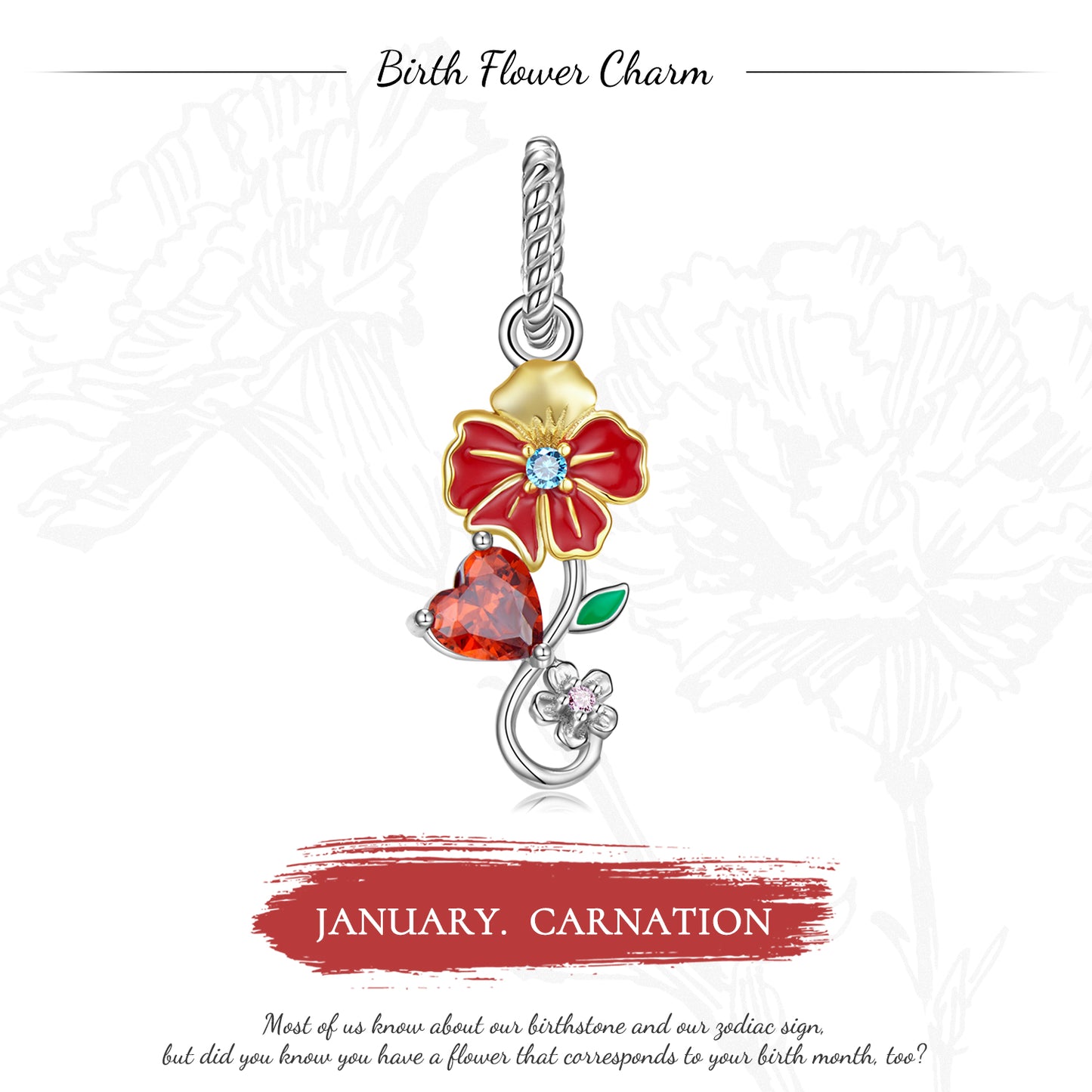 Original Design S925 Sterling Silver January Carnation Dangle Charm, January Birth Flower, Flower Language Series, CZ Charm Bead For DIY Bracelet Necklace, Pandora Compatible Jewelry Gift