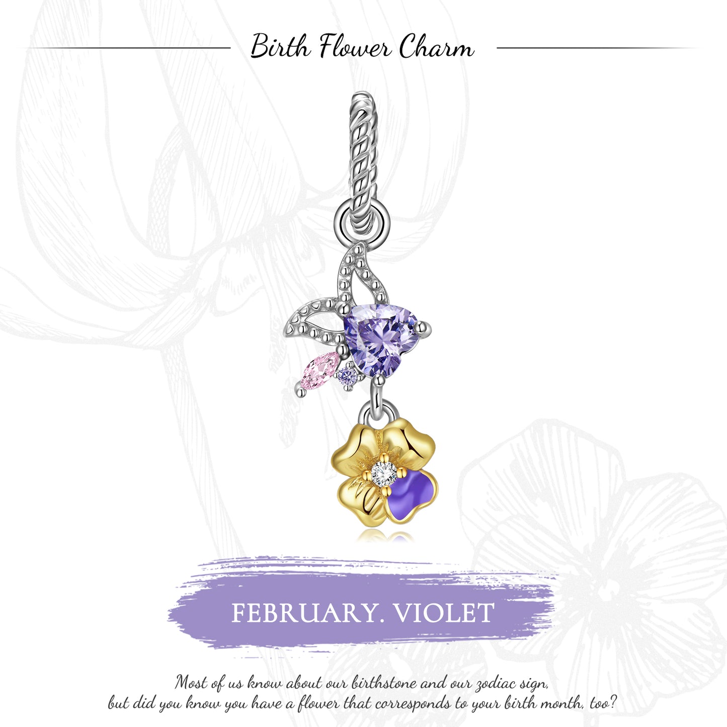 Original Design S925 Sterling Silver February Violet Dangle Charm, February Birth Flower, Flower Language Series, CZ Charm Bead For DIY Bracelet Necklace, Pandora Compatible Jewelry Gift