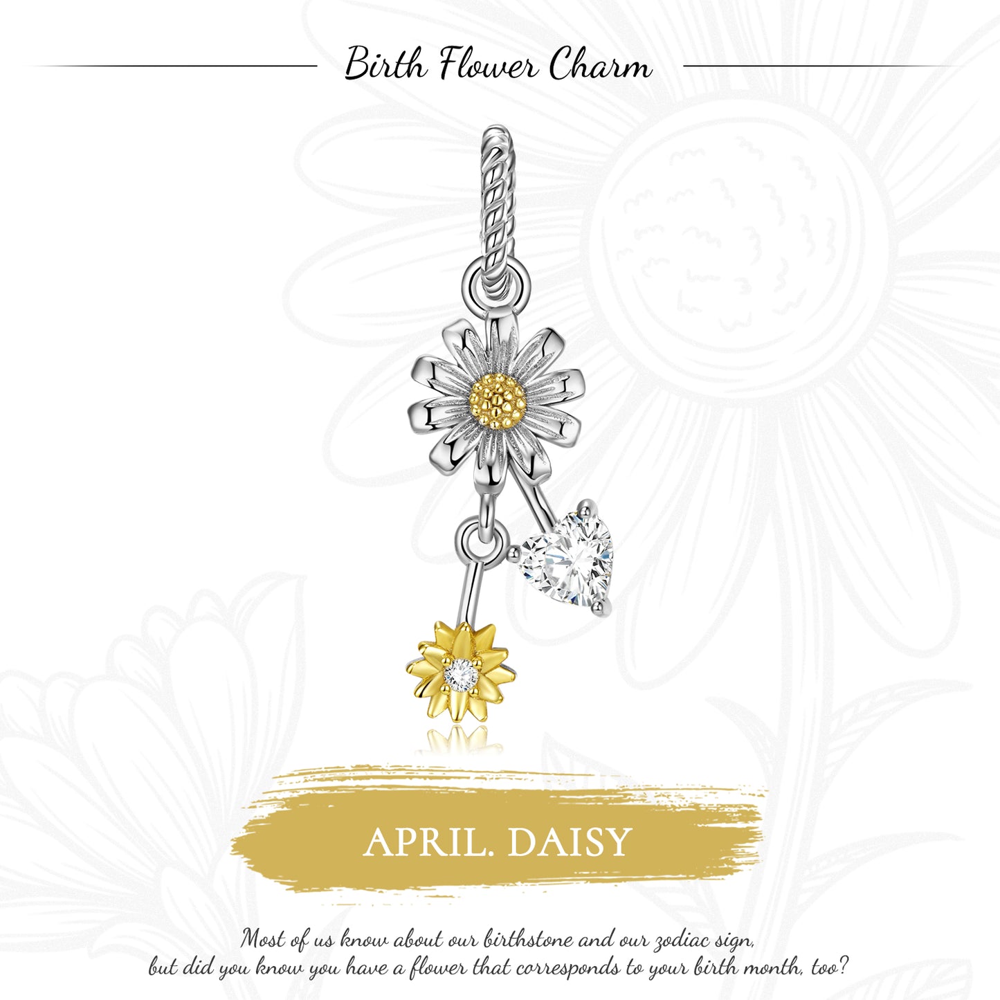 Original Design S925 Sterling Silver April Daisy Dangle Charm, April Birth Flower, Flower Language Series, CZ Charm Bead For DIY Bracelet Necklace, Pandora Compatible Jewelry Gift