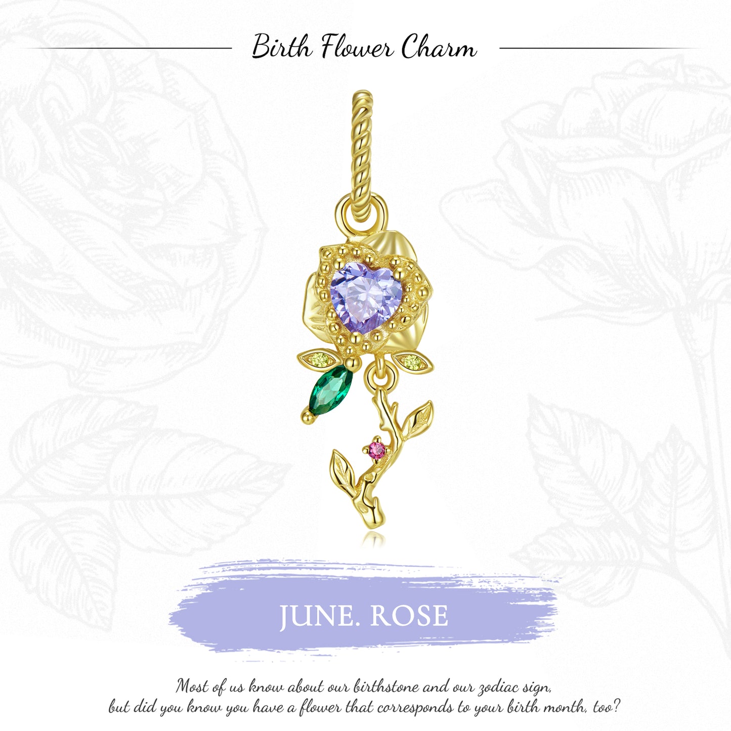 Original Design S925 Sterling Silver June Rose Dangle Charm, June Birth Flower, Flower Language Series, CZ Charm Bead For DIY Bracelet Necklace, Pandora Compatible Jewelry Gift